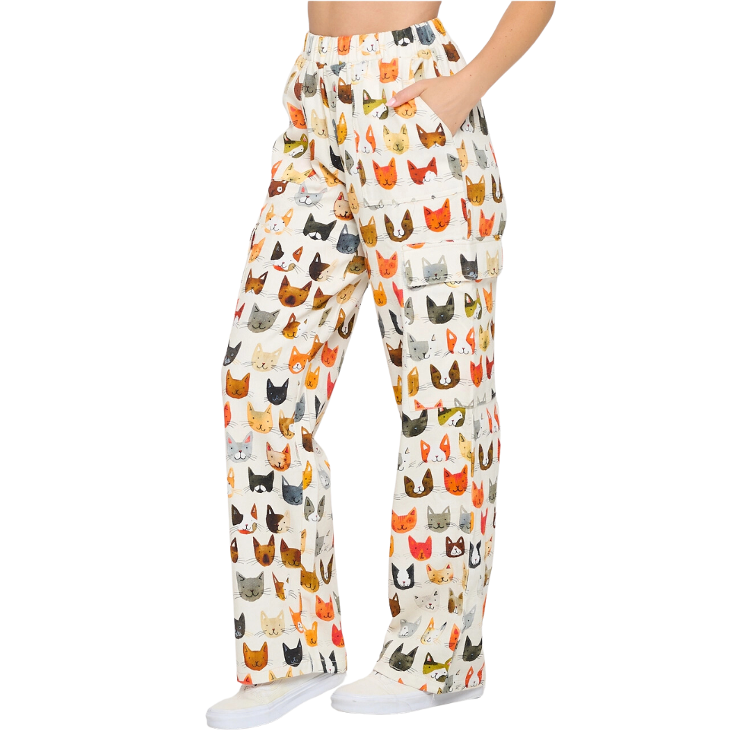 Colorful Cat Face Print Cargo Pant