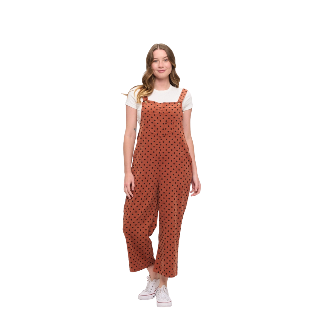 Rust Polka Dot Print Wide Leg Corduroy Overalls