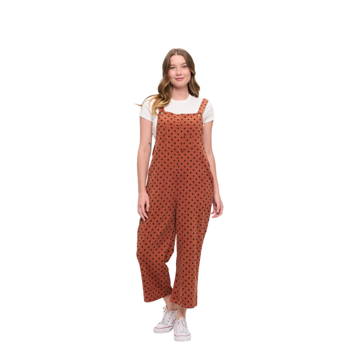 Rust Polka Dot Print Wide Leg Corduroy Overalls