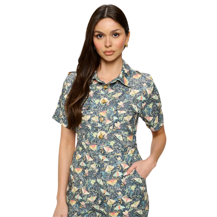 Moth Print Corduroy Overall Jumpsuit