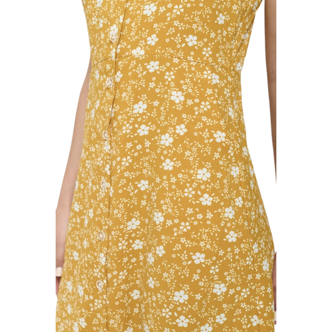 White Ditsy Floral Print Spaghetti Strap Dress Yellow