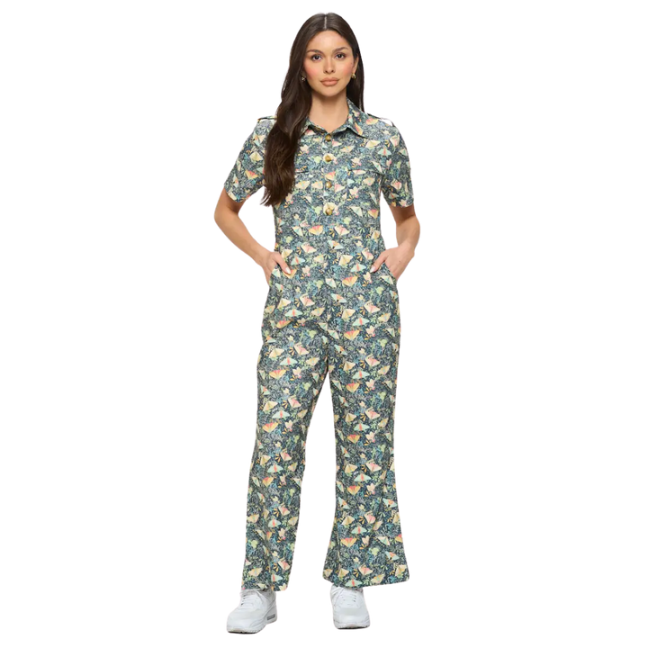 Moth Print Corduroy Overall Jumpsuit