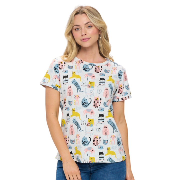 Multi Color Cat Print T-Shirt