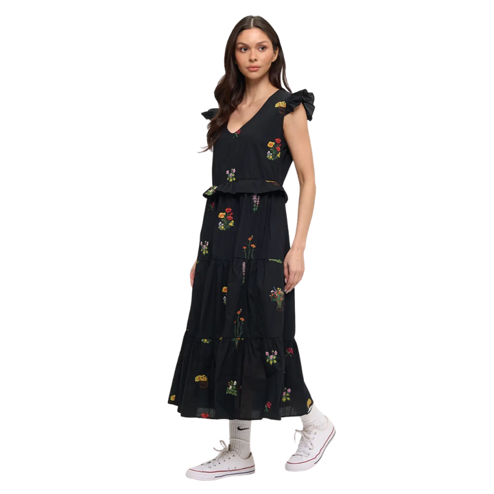 Midnight Meadow Embroidery Ruffle-Sleeve Midi Dress