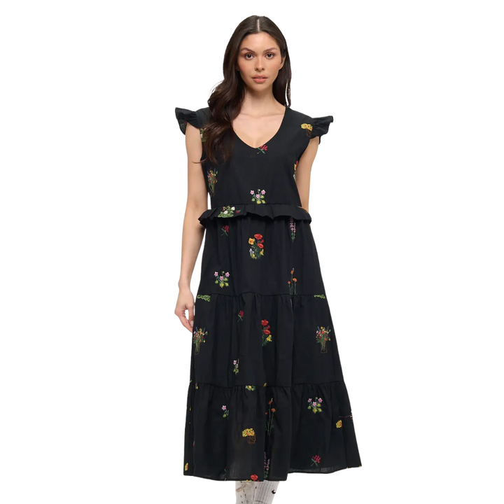Midnight Meadow Embroidery Ruffle-Sleeve Midi Dress