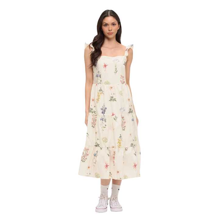 Vintage Floral Print Ruffle-Sleeve Midi Dress