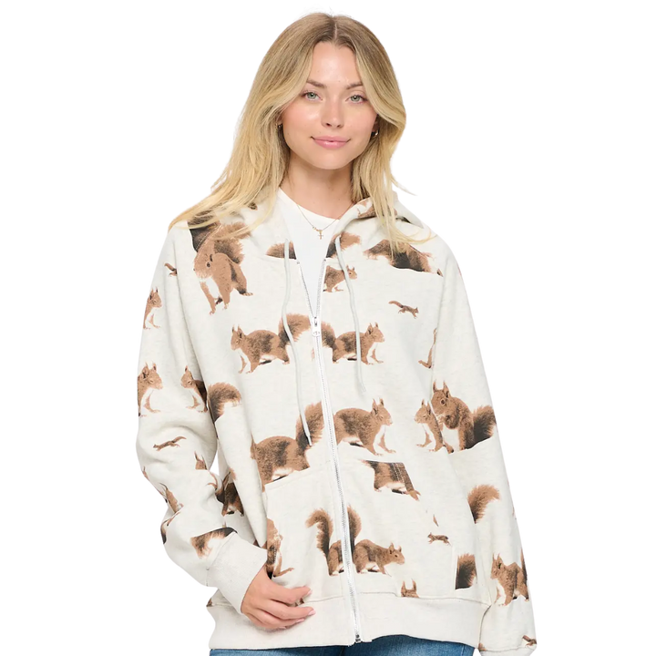 Squirrel Print Zip Up Hoodie