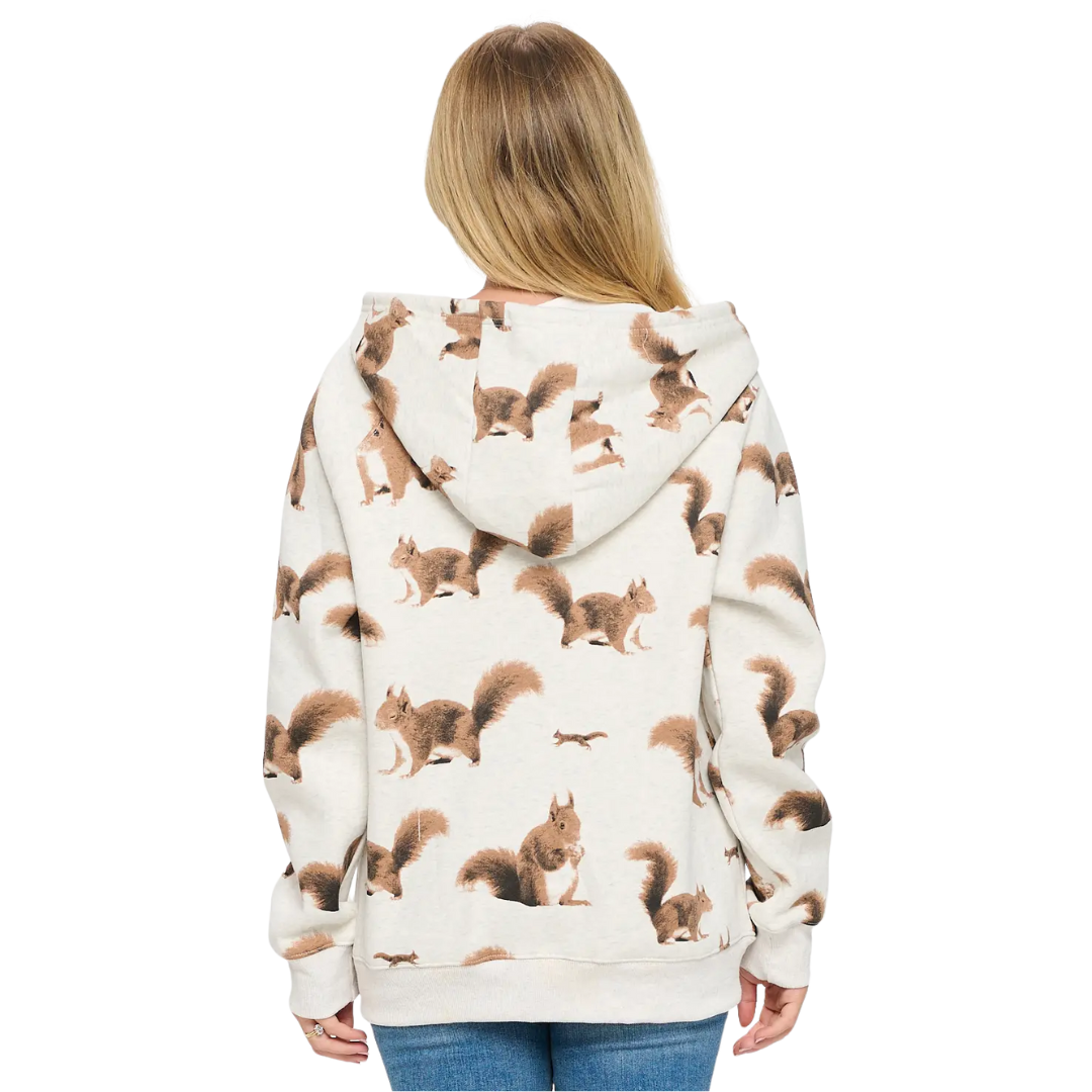 Squirrel Print Zip Up Hoodie