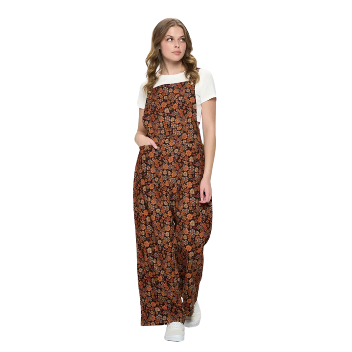 Fall Floral Print Corduroy Overalls