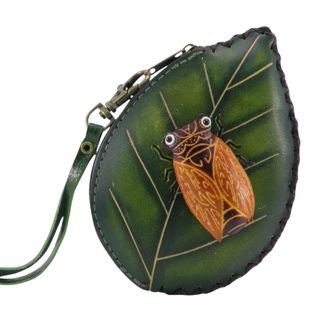 Leather Handcrafted Beatle On the Leaf Wristlet Wallet