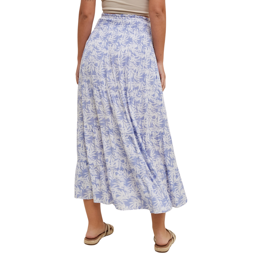 Blue Tropical Tiered Midi Skirt with Slit