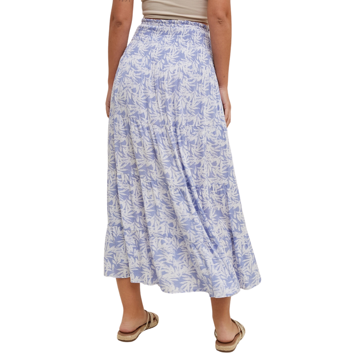 Blue Tropical Tiered Midi Skirt with Slit