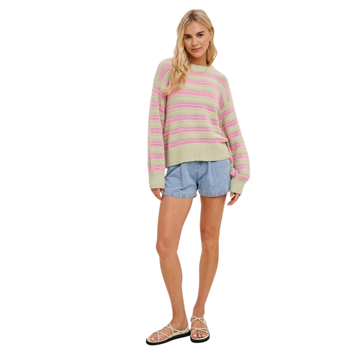 Multi-Striped Pullover with Crochet Detail