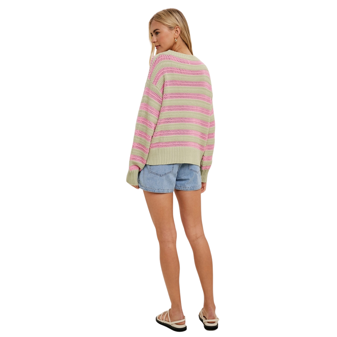 Multi-Striped Pullover with Crochet Detail