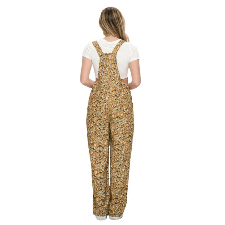 Mustard Floral Abstract Corduroy Overalls with Pockets