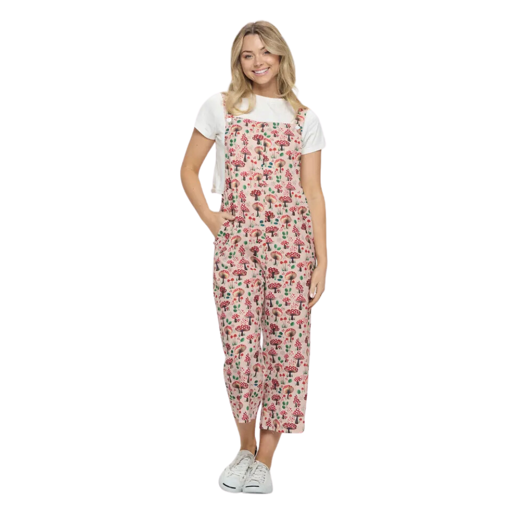 Red Mushroom Floral Print Overalls With Pockets