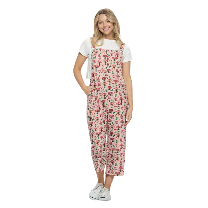 Red Mushroom Floral Print Overalls With Pockets