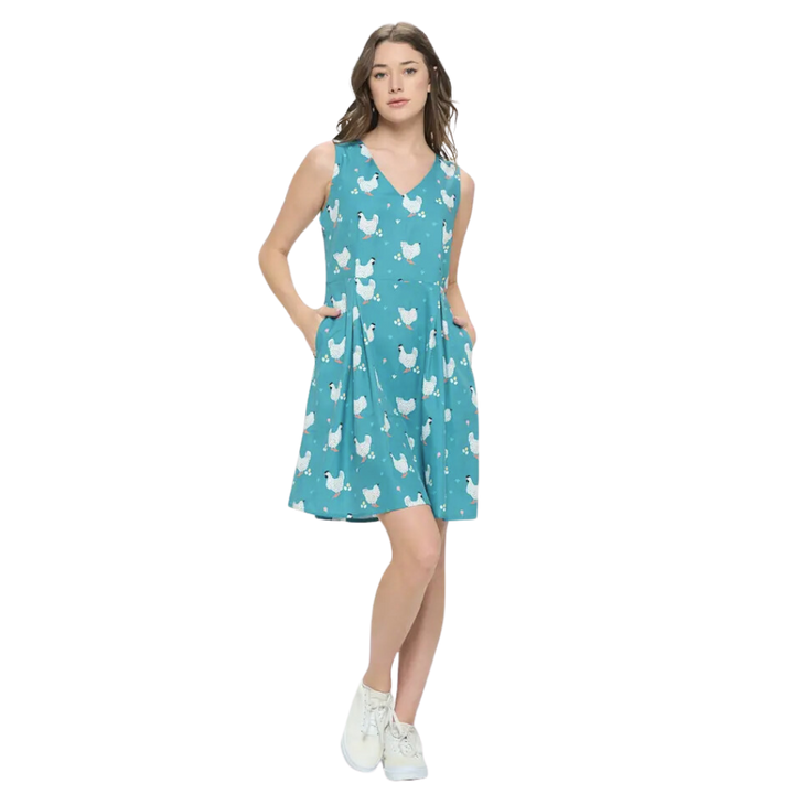 Rooster Chicken Print Dress With Pockets