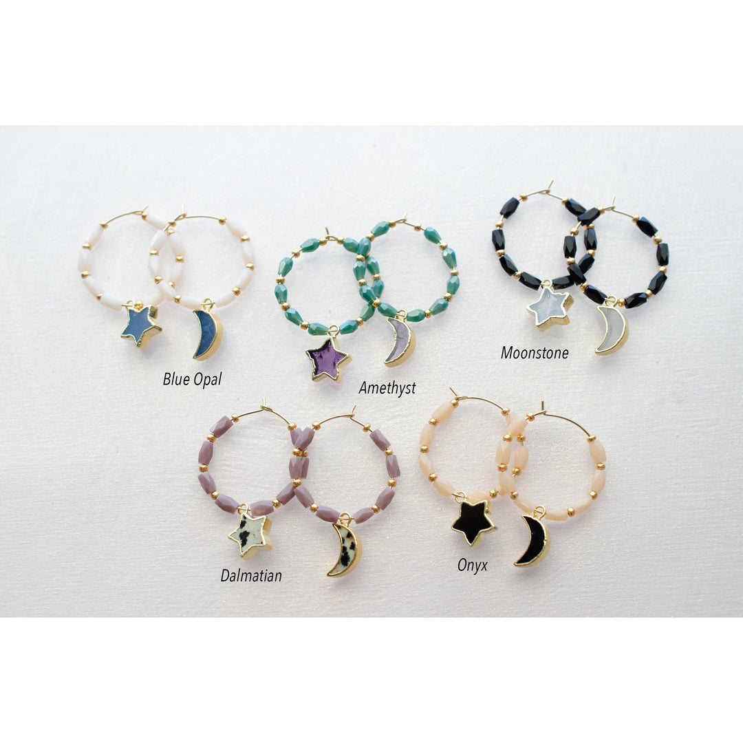 Star and Moon Gemstone Beaded Hoops