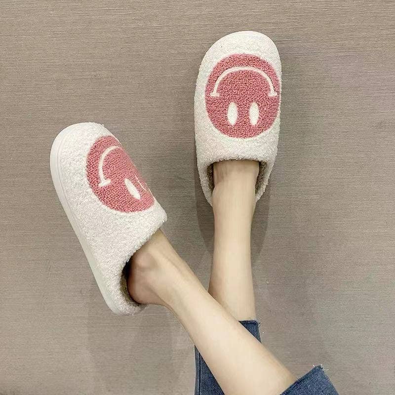 Retro Smile Face Soft Plush Slippers | White-Pink