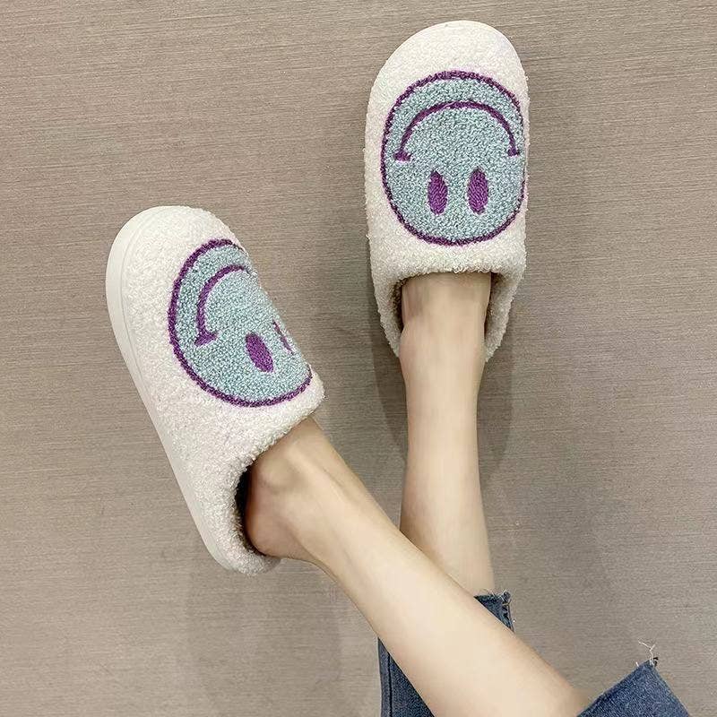 Retro Smile Face Soft Plush Slippers | White-Sky Blue