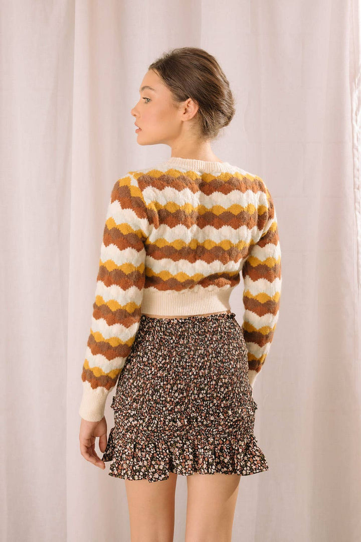 Wavy Nude Color Block Print Pullover Sweater