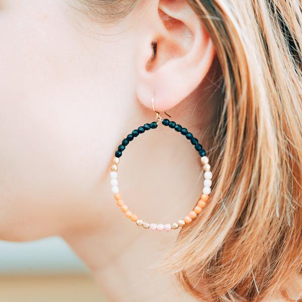 Large Black and Orange Dangle Beaded Hoops