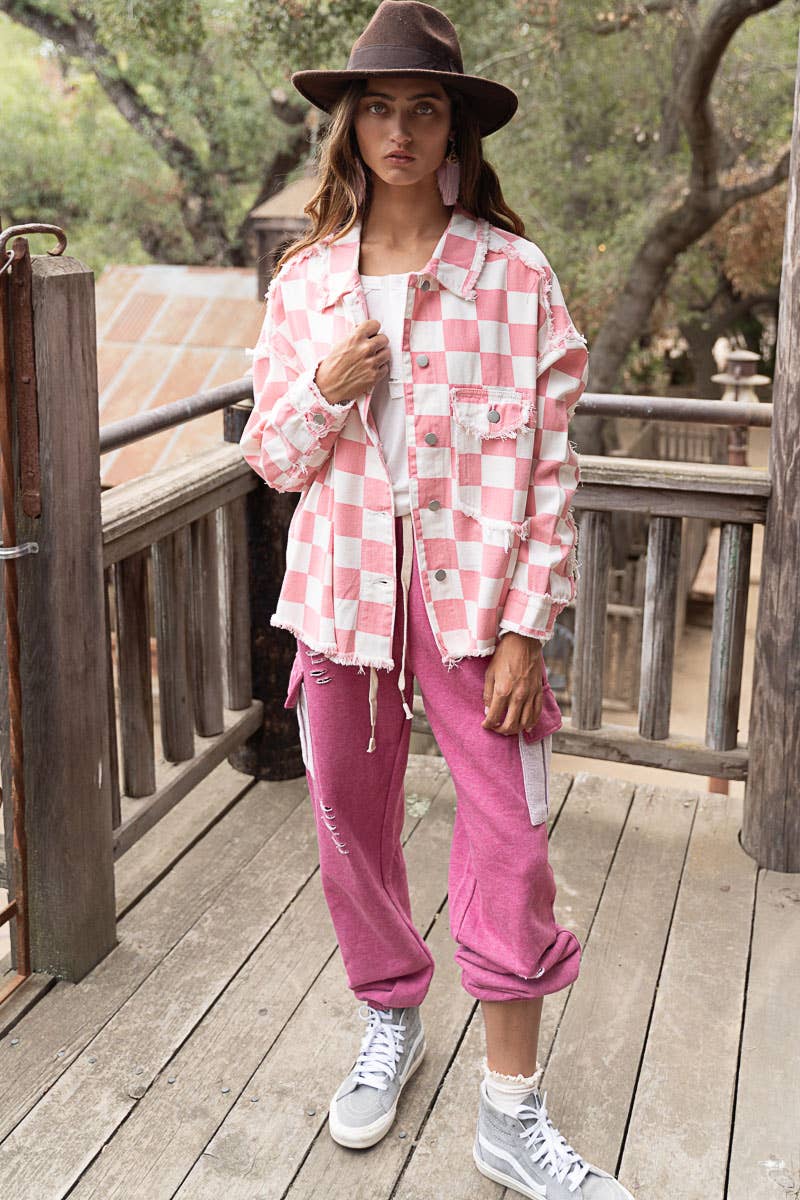 Pink White Checkered Jean Jacket