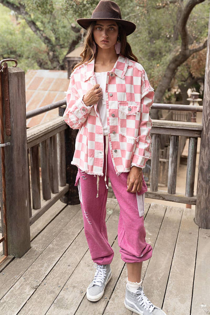 Pink White Checkered Jean Jacket