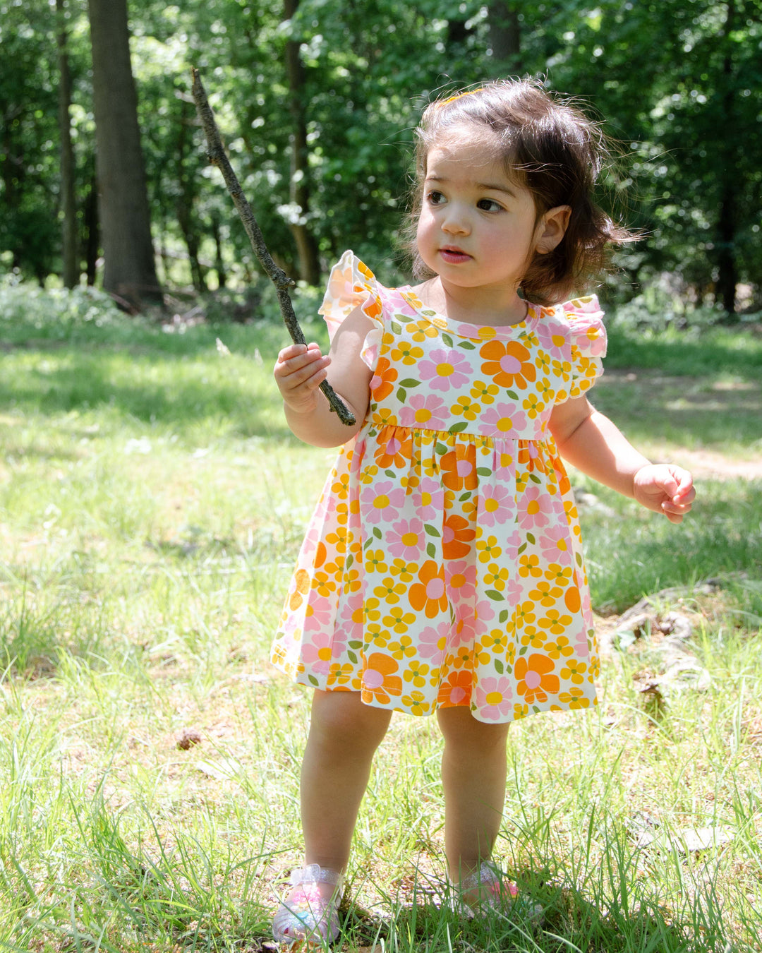 Yellow Retro Flower Flutter Tunic Dress