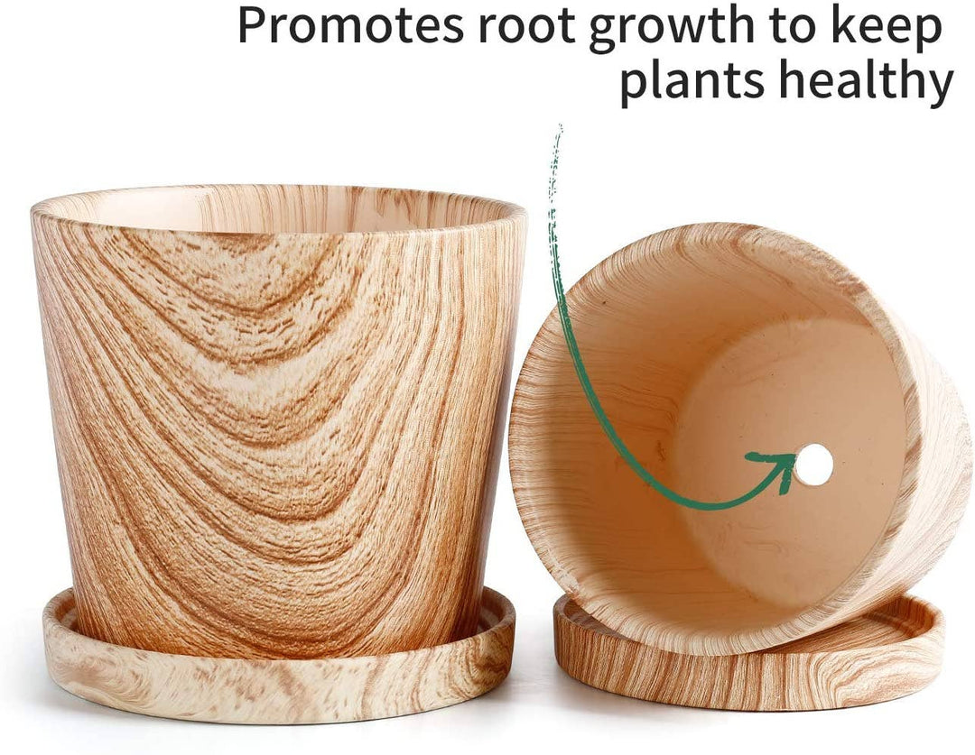 Wood Pattern Ceramic Planter with Tray
