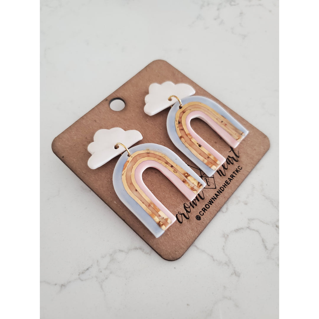 Cloud and Rainbow Earrings | Light Blue + Burnt Orange + Pink