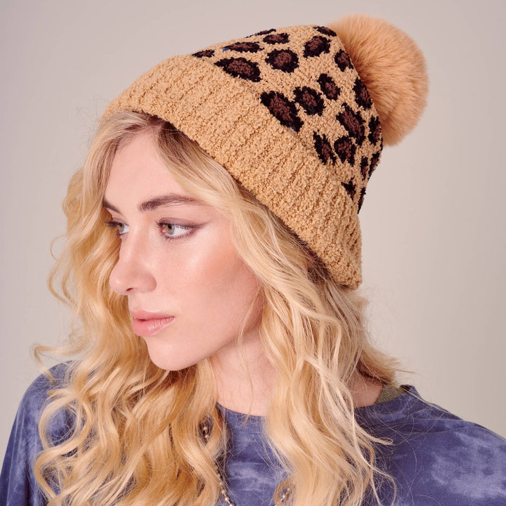 Leopard Print Pom Pom Beanie