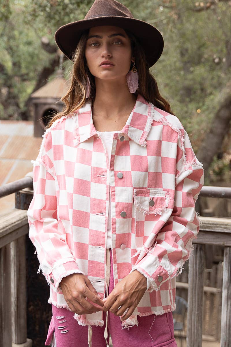 Pink White Checkered Jean Jacket