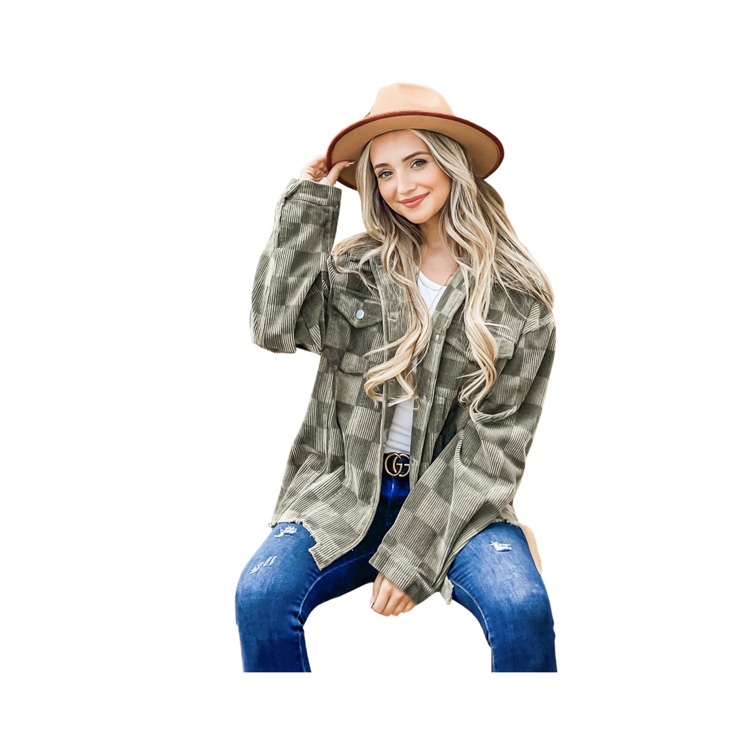 Corduroy Checkerboard Print Jacket - Olive
