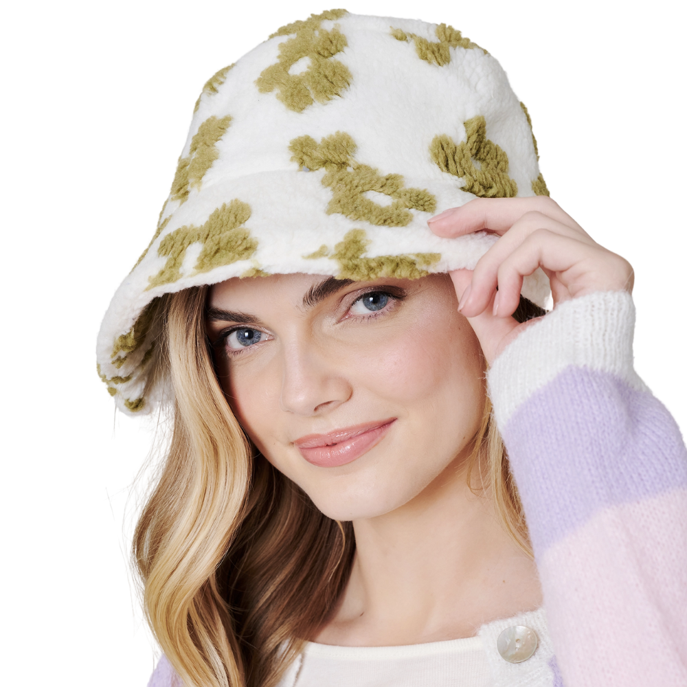 Olive Floral Teddy Fur Bucket Hat