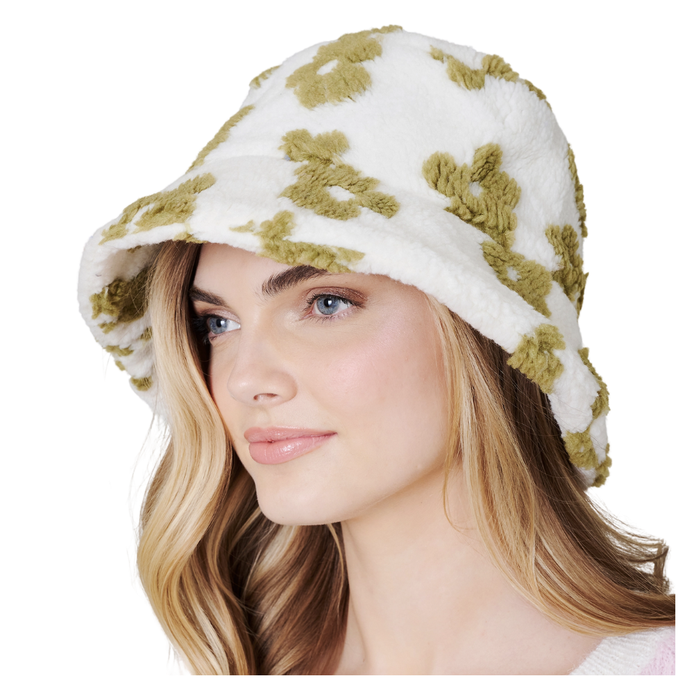 Olive Floral Teddy Fur Bucket Hat