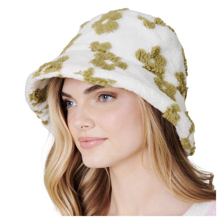 Olive Floral Teddy Fur Bucket Hat