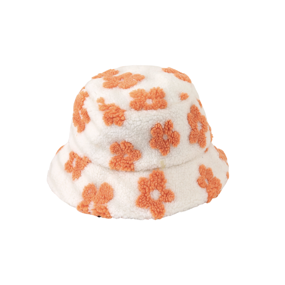 Orange Floral Teddy Fur Bucket Hat