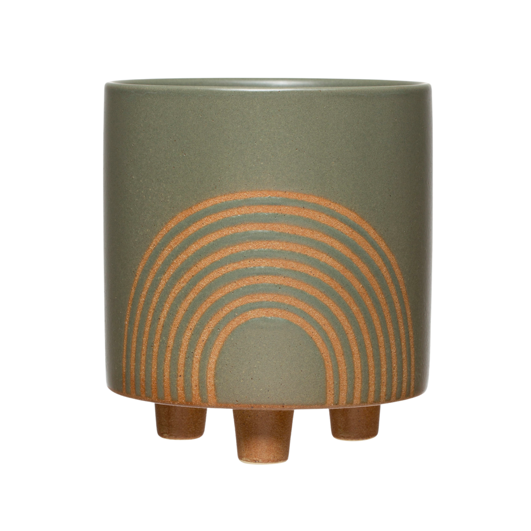 Footed Stoneware Planter with Rainbow Design
