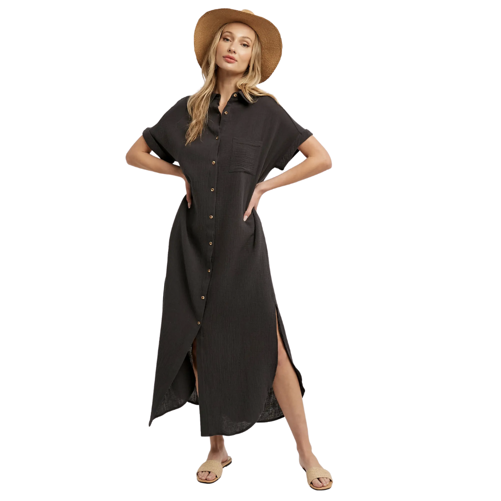Button Up Maxi Shirt Dress - Ash