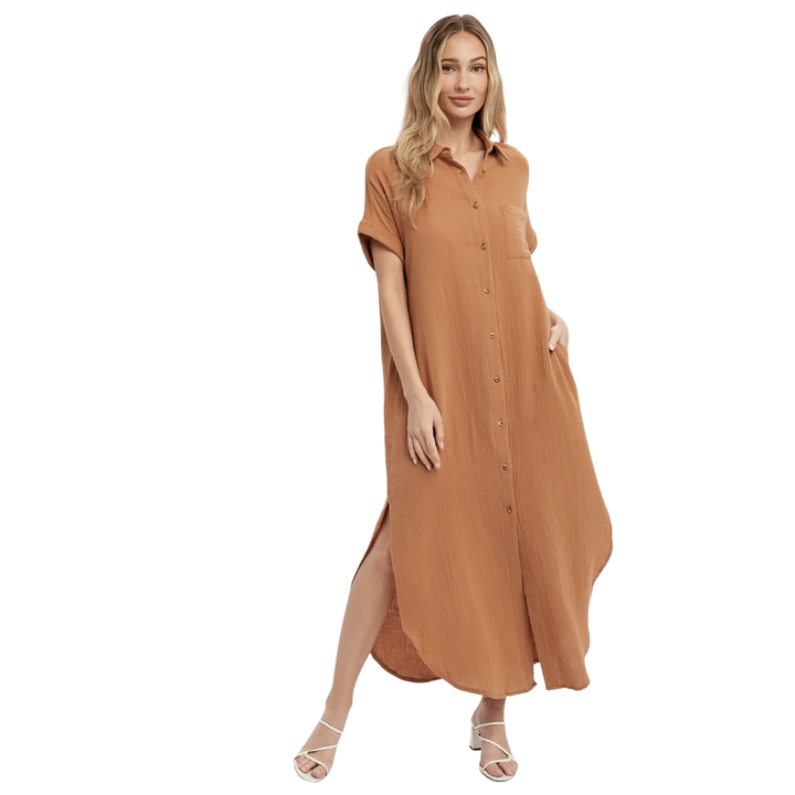 Button Up Maxi Shirt Dress - Camel