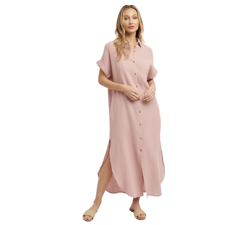 Button Up Maxi Shirt Dress - Dusty Pink