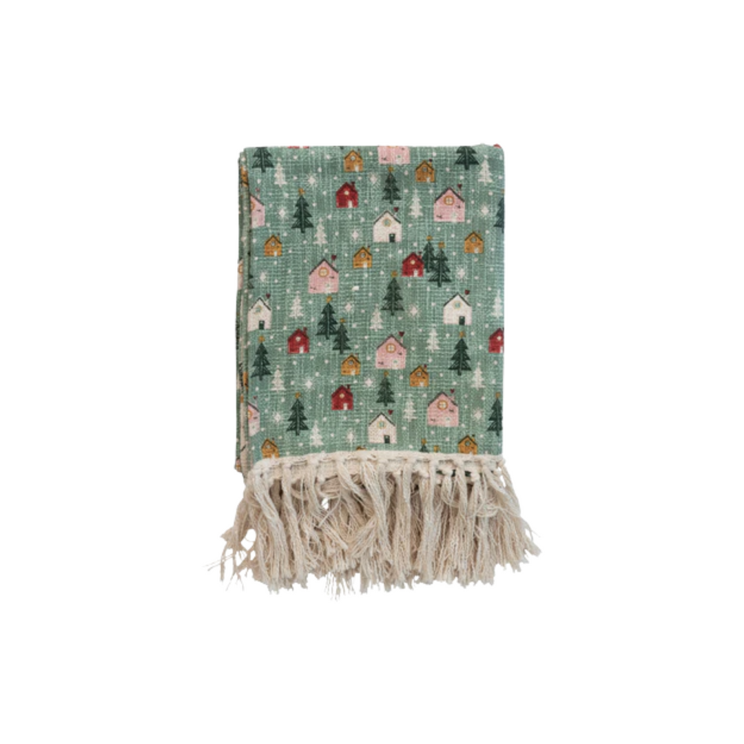 60"L x 50"W Cotton Slub Throw with Trees and Houses Print and Fringe