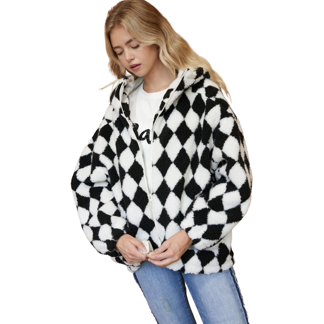 Printed Hooded Jacket With Pockets Black
