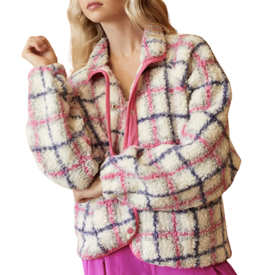 Teddy Jacket With Zipper Pockets -White/Pink