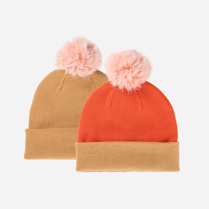 Colorblock Hat with Faux Fur Pom