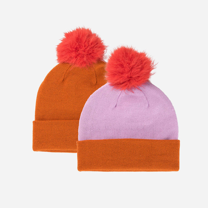 Colorblock Hat with Faux Fur Pom