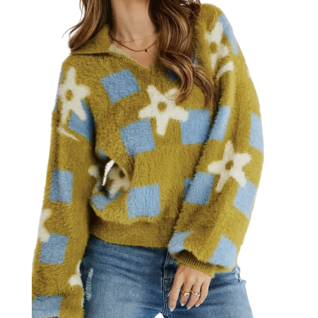 Printed V Neck Long Sleeve Sweater