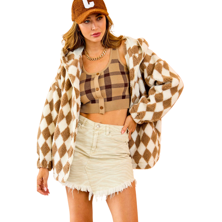 Chess Printed Long Sleeve Jacket With Zipper